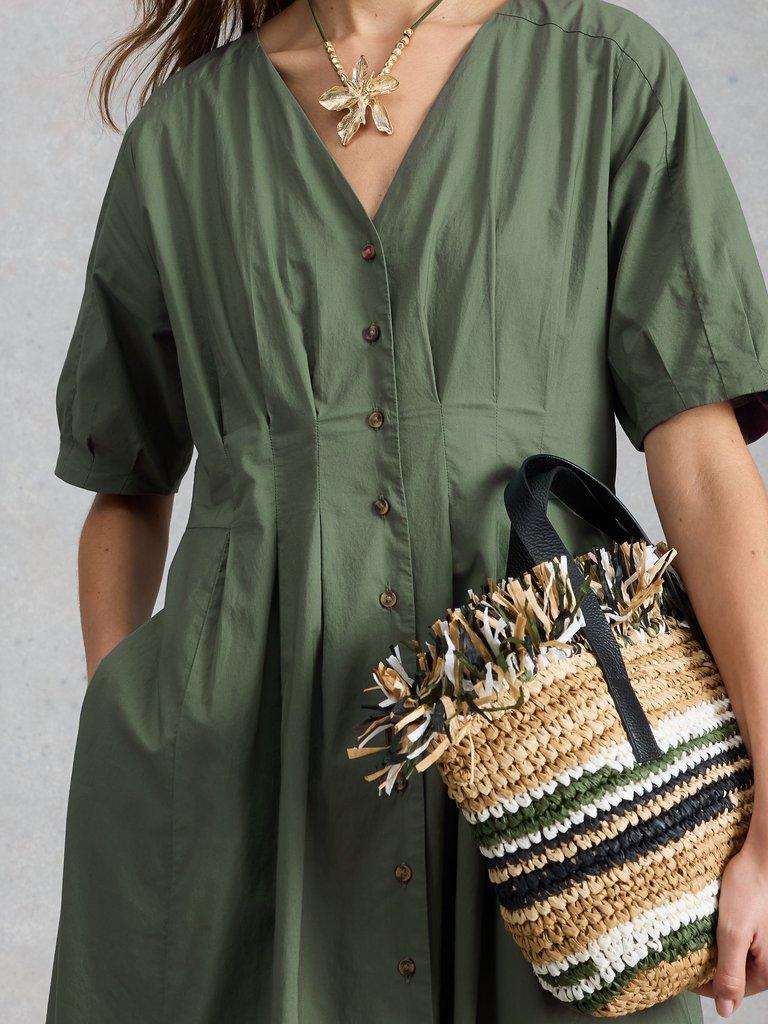 Kate Button Through V Neck Midi Dress in DUS GREEN - MODEL DETAIL