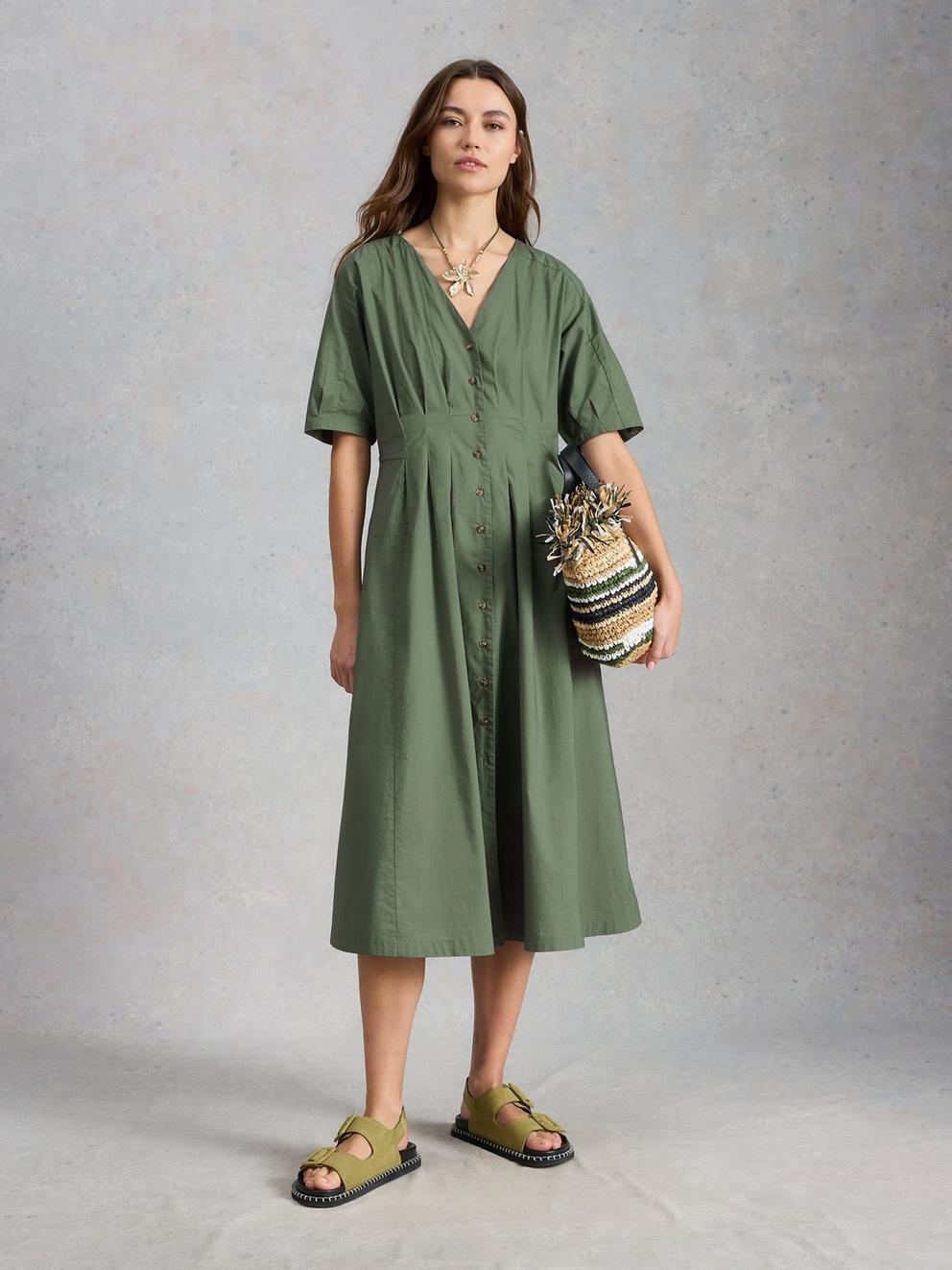 Kate Button Through V Neck Midi Dress in DUS GREEN - MODEL FRONT
