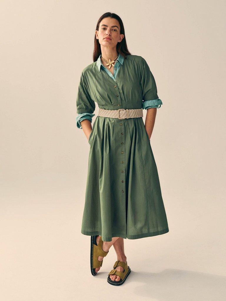 Kate Button Through V Neck Midi Dress in DUS GREEN - MIXED