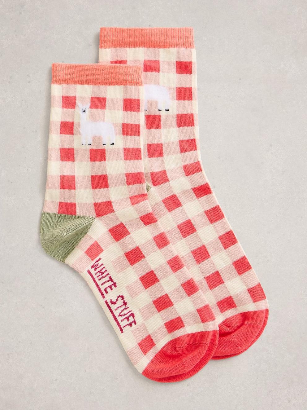 Patterned Fluffy Ankle Sock in CORAL MLT - FLAT FRONT