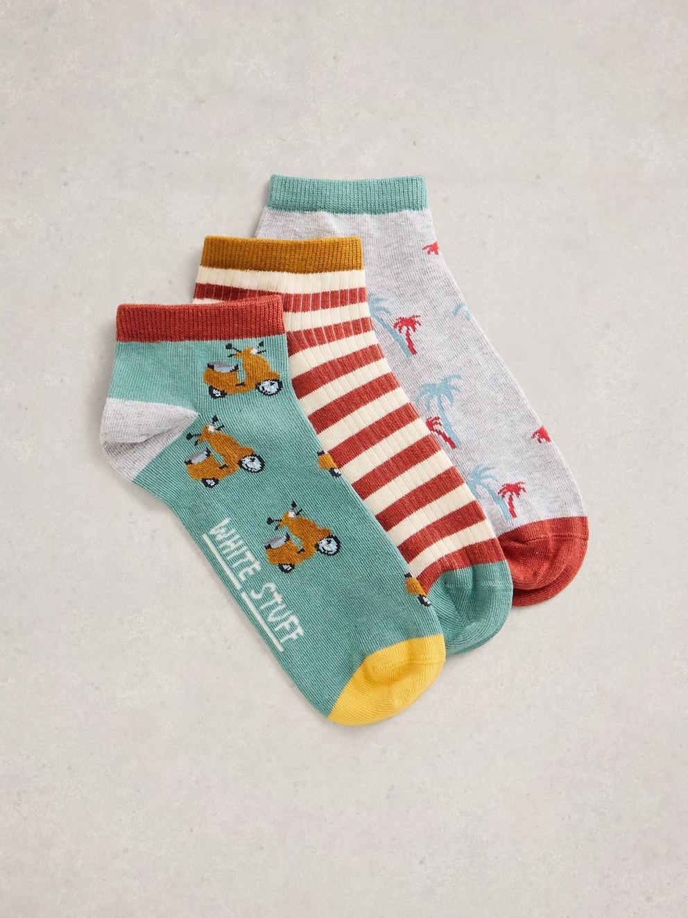 3PK Palm Trainer Socks in GREEN MLT - FLAT FRONT