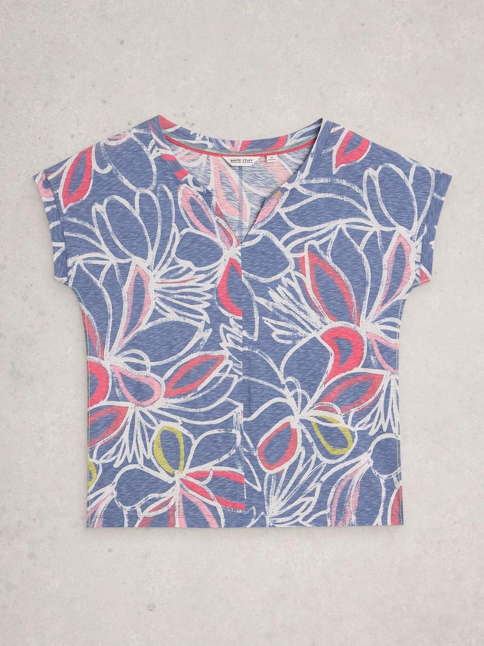 NELLY COTTON NOTCH NECK T-SHIRT in TEAL PR - FLAT FRONT