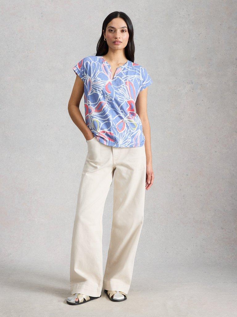 NELLY COTTON NOTCH NECK T-SHIRT in TEAL PR - MODEL FRONT