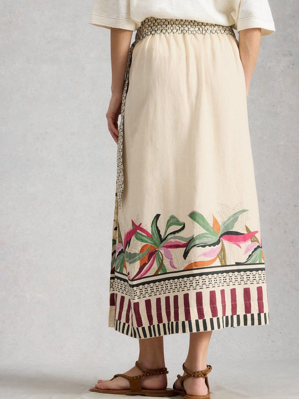 Alba Linen Blend Wrap Skirt in NAT PR - MODEL BACK