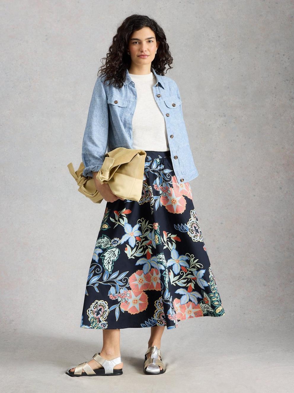 Abigail Midi Skirt Printed in NAVY PR - MODEL FRONT