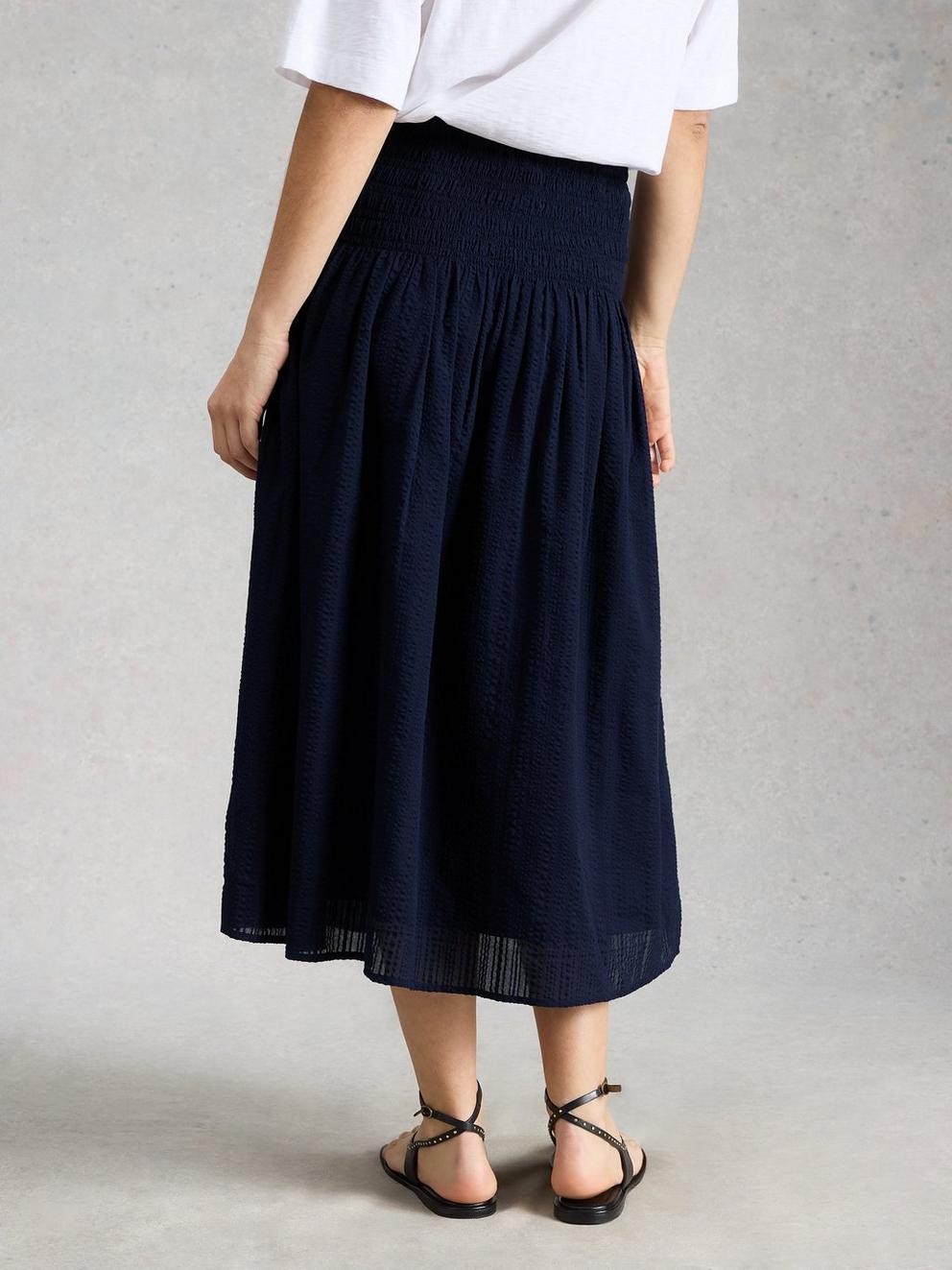Suri Shirred Skirt in DARK NAVY - MODEL BACK