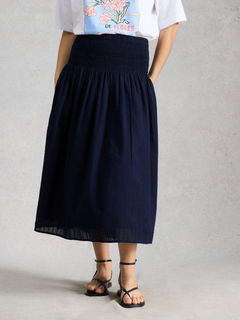 Suri Shirred Skirt in DARK NAVY - MODEL DETAIL