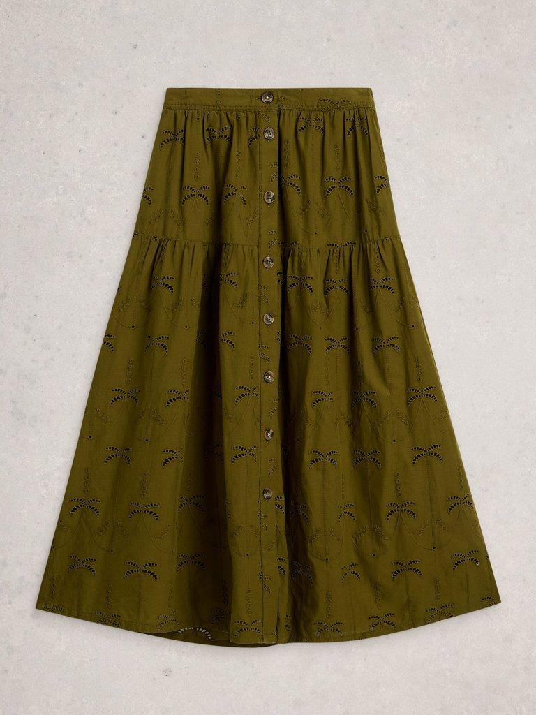 Ruben Broderie Midi Skirt in KHAKI GRN - FLAT FRONT