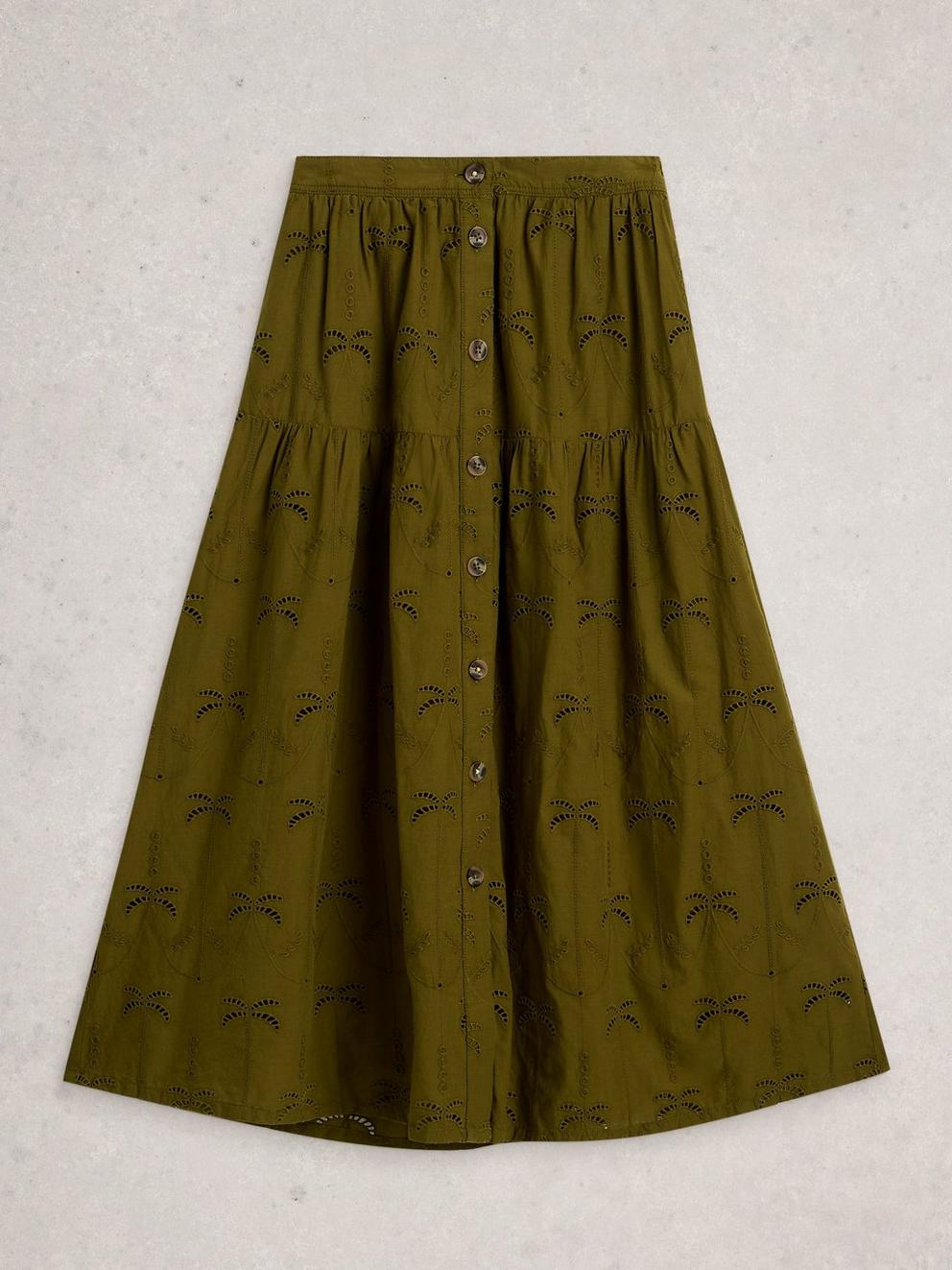 Ruben Broderie Midi Skirt in KHAKI GRN - FLAT FRONT