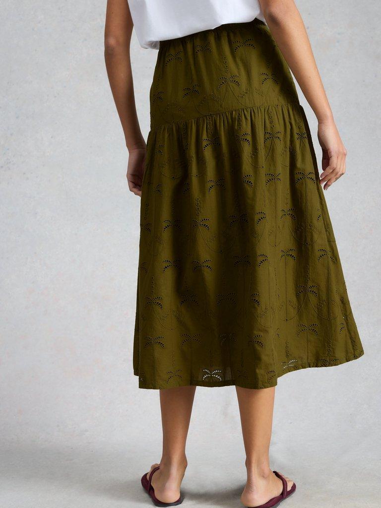 Ruben Broderie Midi Skirt in KHAKI GRN - MODEL BACK