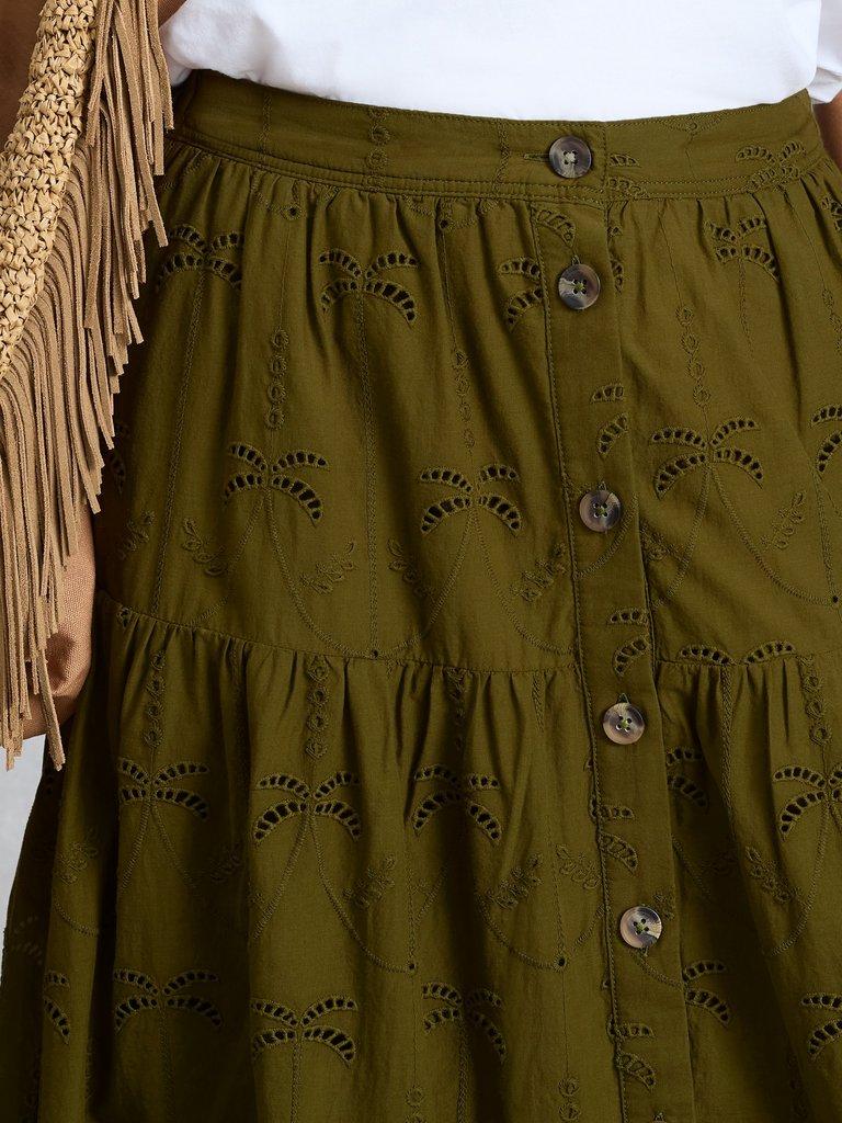 Ruben Broderie Midi Skirt in KHAKI GRN - MODEL DETAIL