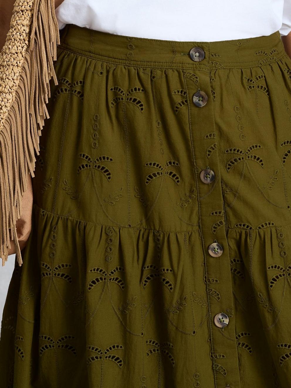 Ruben Broderie Midi Skirt in KHAKI GRN - MODEL DETAIL
