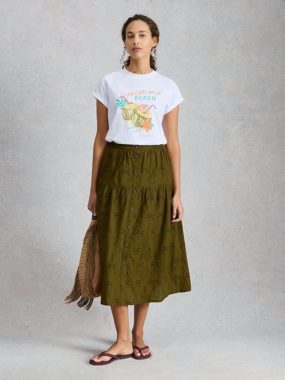 Ruben Broderie Midi Skirt in KHAKI GRN - MODEL FRONT