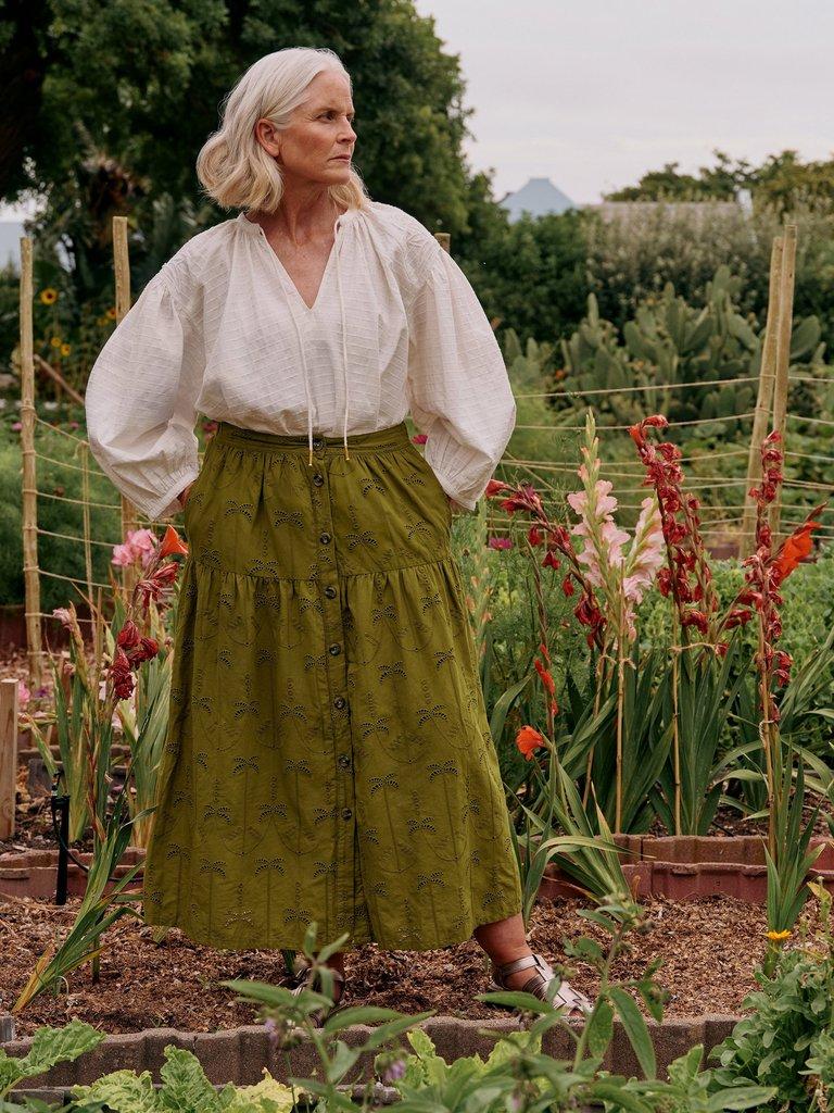 Ruben Broderie Midi Skirt in KHAKI GRN - MIXED