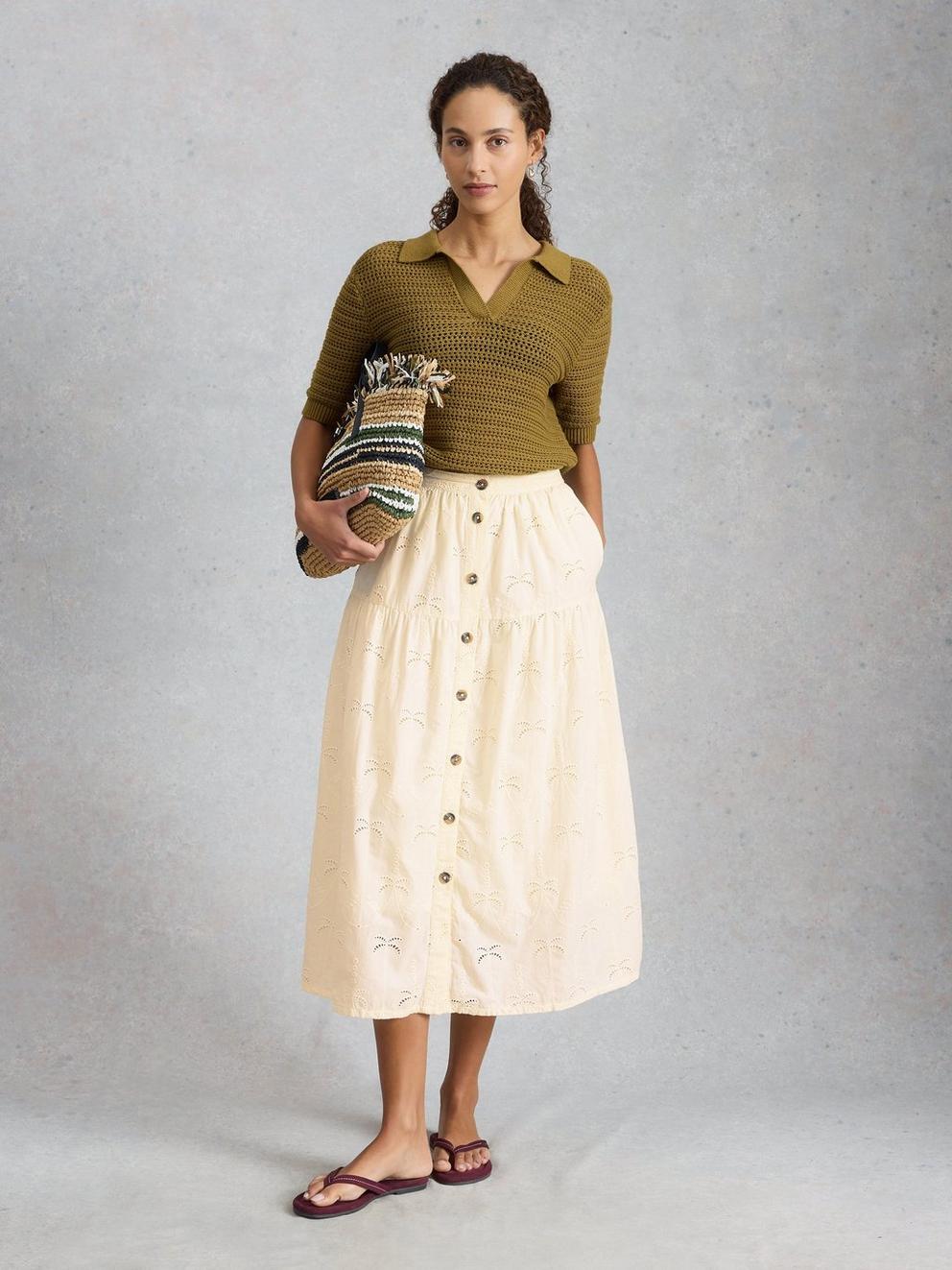 Ruben Broderie Midi Skirt in NAT WHITE - MODEL FRONT