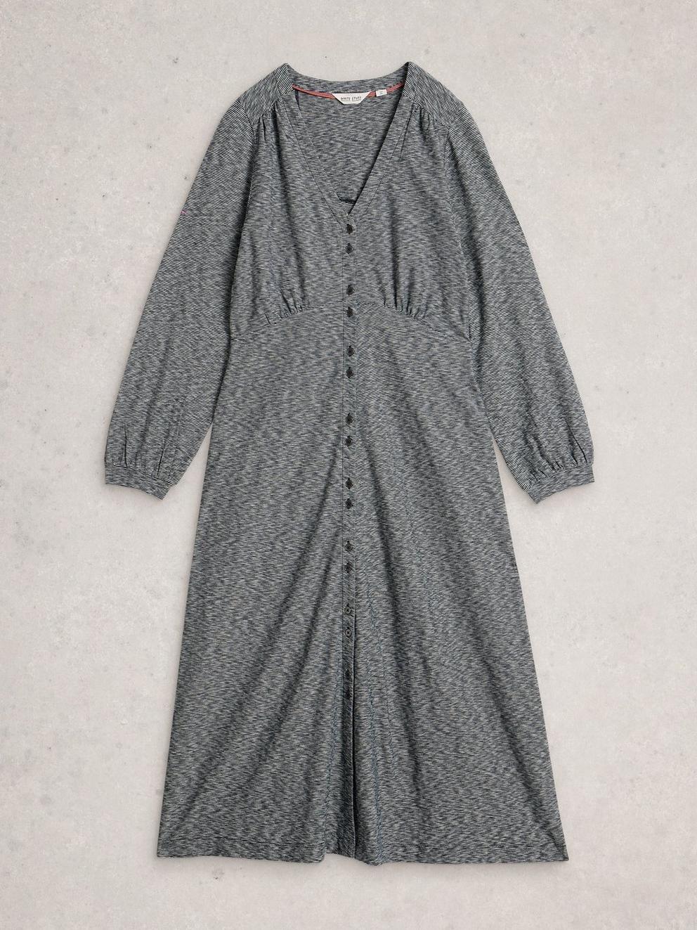 Megan Button Jersey Dress in NAVY MULTI - FLAT FRONT