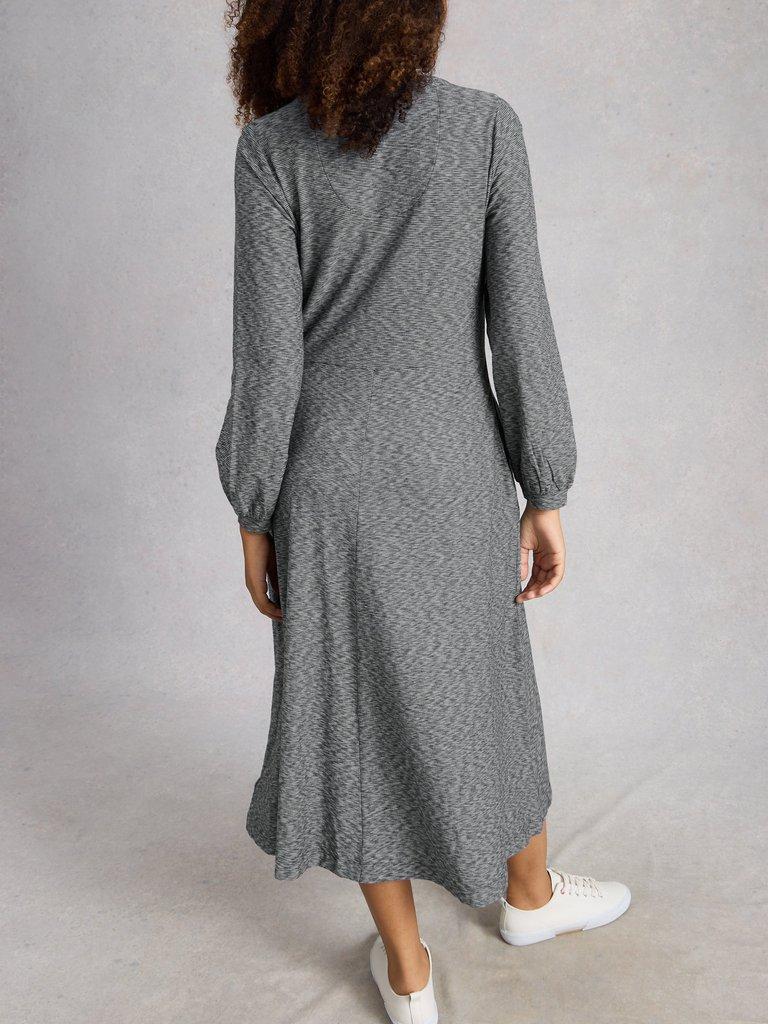 Megan Button Jersey Dress in NAVY MULTI - MODEL BACK