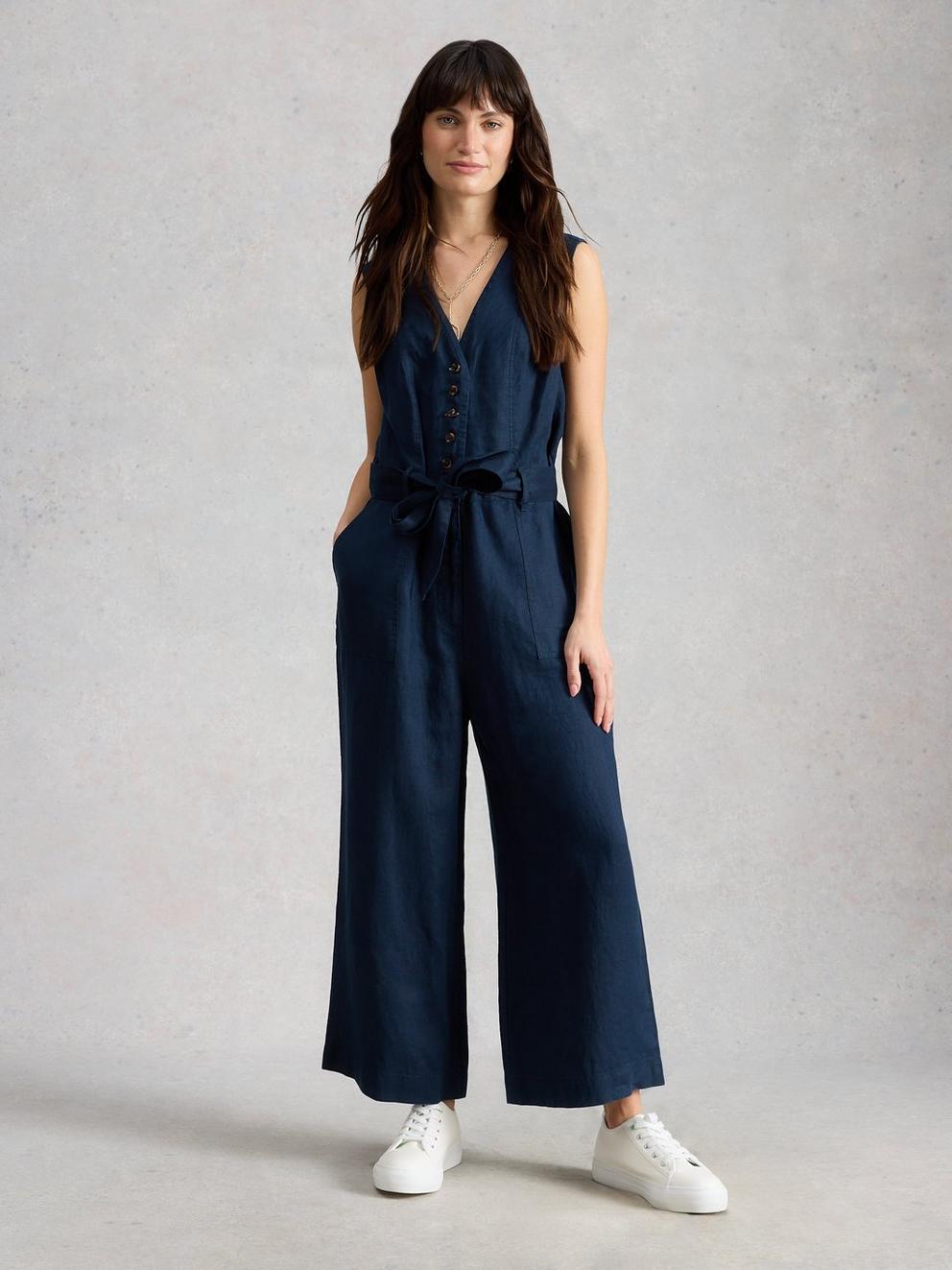 Betty Linen Jumpsuit in DARK NAVY - MODEL FRONT