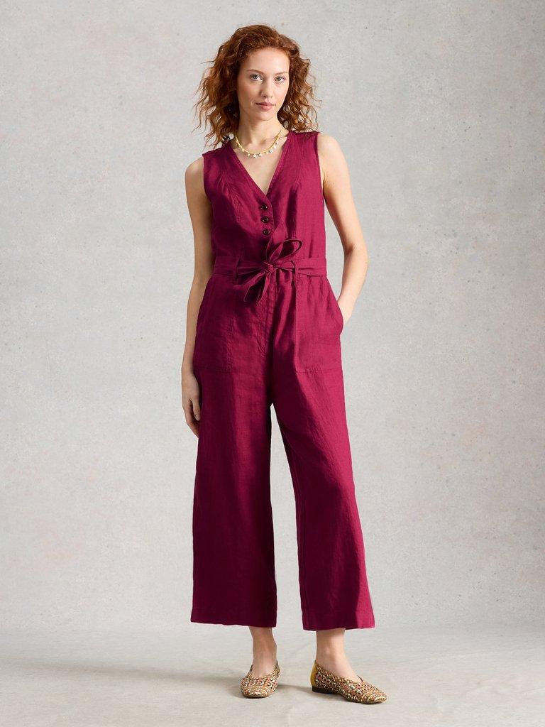 Betty Linen Jumpsuit in DK PINK - MODEL FRONT