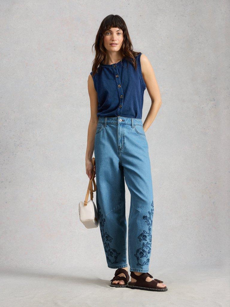 Aubrey Embroidered Barrel Jean in LGT DENIM - MODEL FRONT