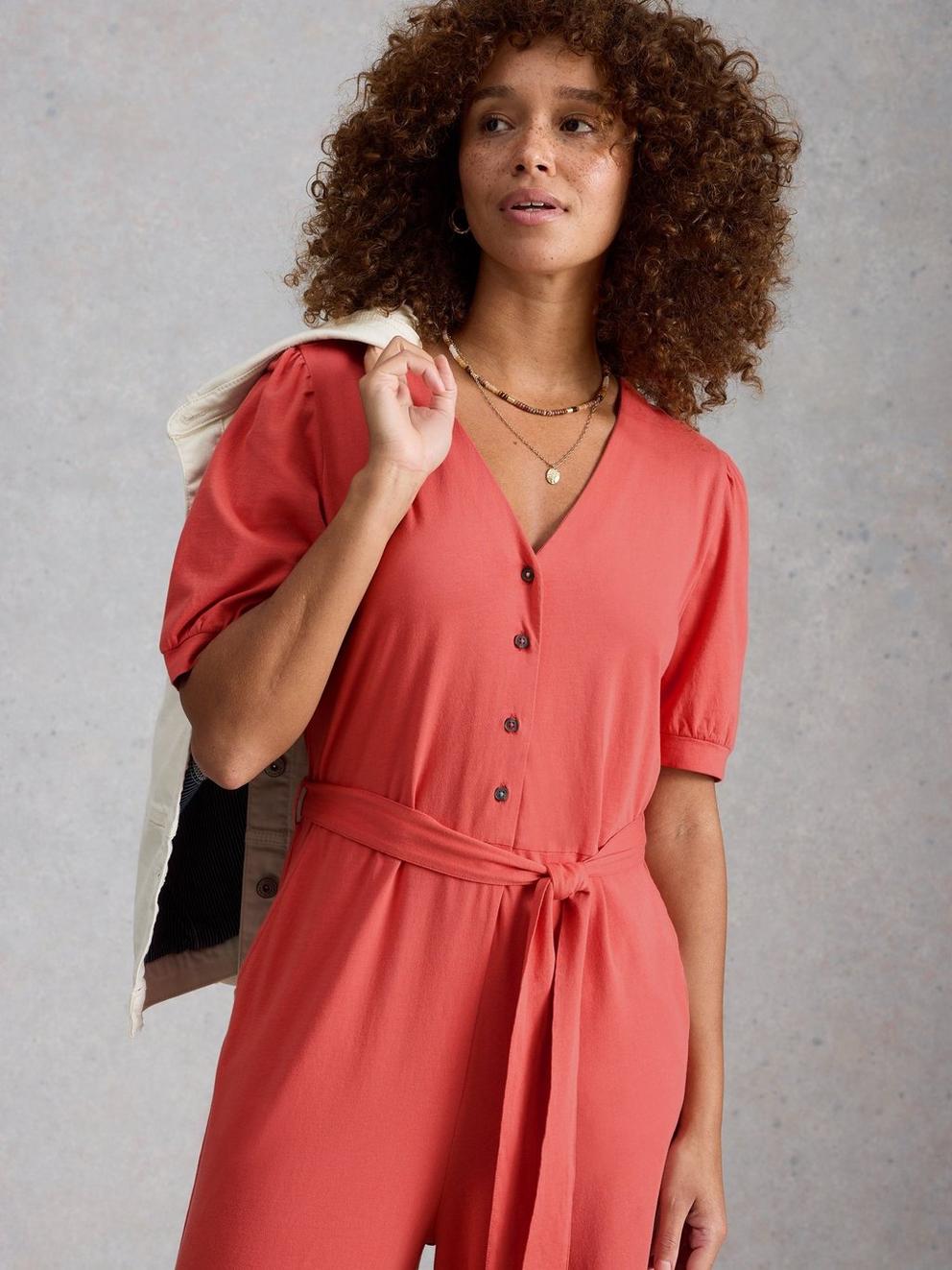 Isabella Jersey Jumpsuit in MID RED - MODEL FRONT