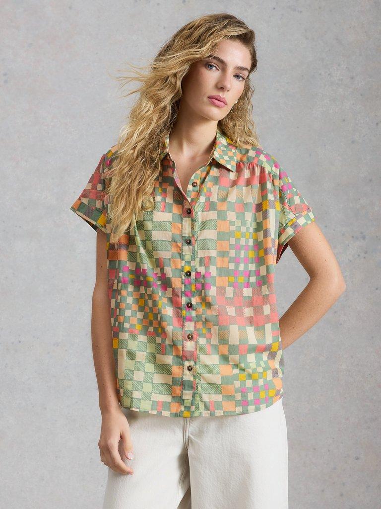 Orla Button Through Shirt in GREEN MLT - MODEL DETAIL