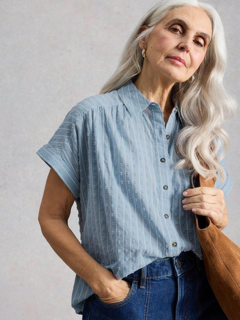 Orla Button Through Shirt in MID BLUE - LIFESTYLE