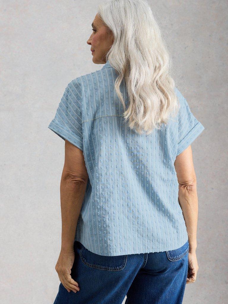 Orla Button Through Shirt in MID BLUE - MODEL BACK