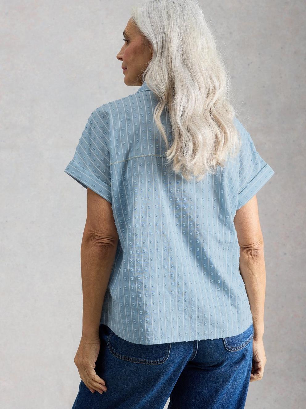 Orla Button Through Shirt in MID BLUE - MODEL BACK