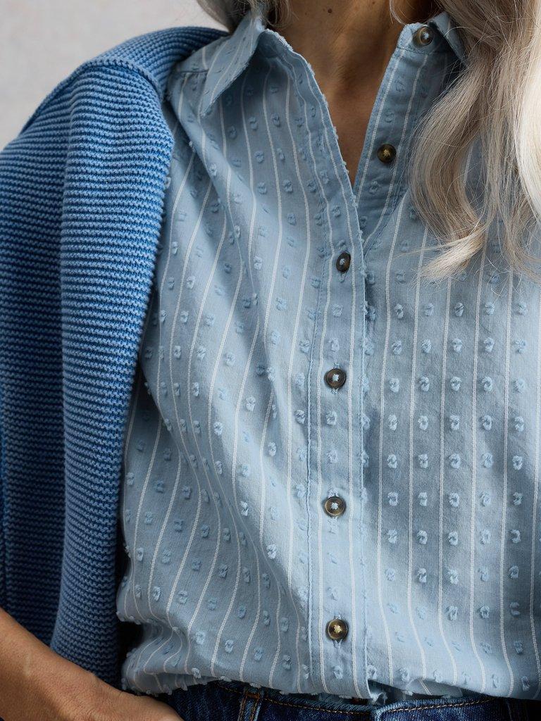 Orla Button Through Shirt in MID BLUE - MODEL DETAIL