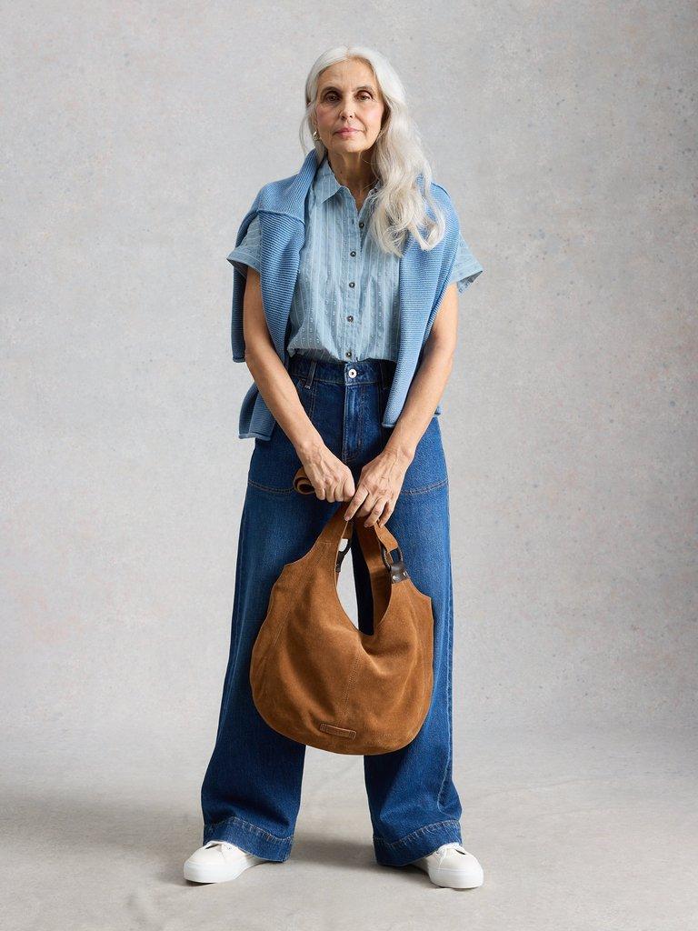 Orla Button Through Shirt in MID BLUE - MODEL FRONT