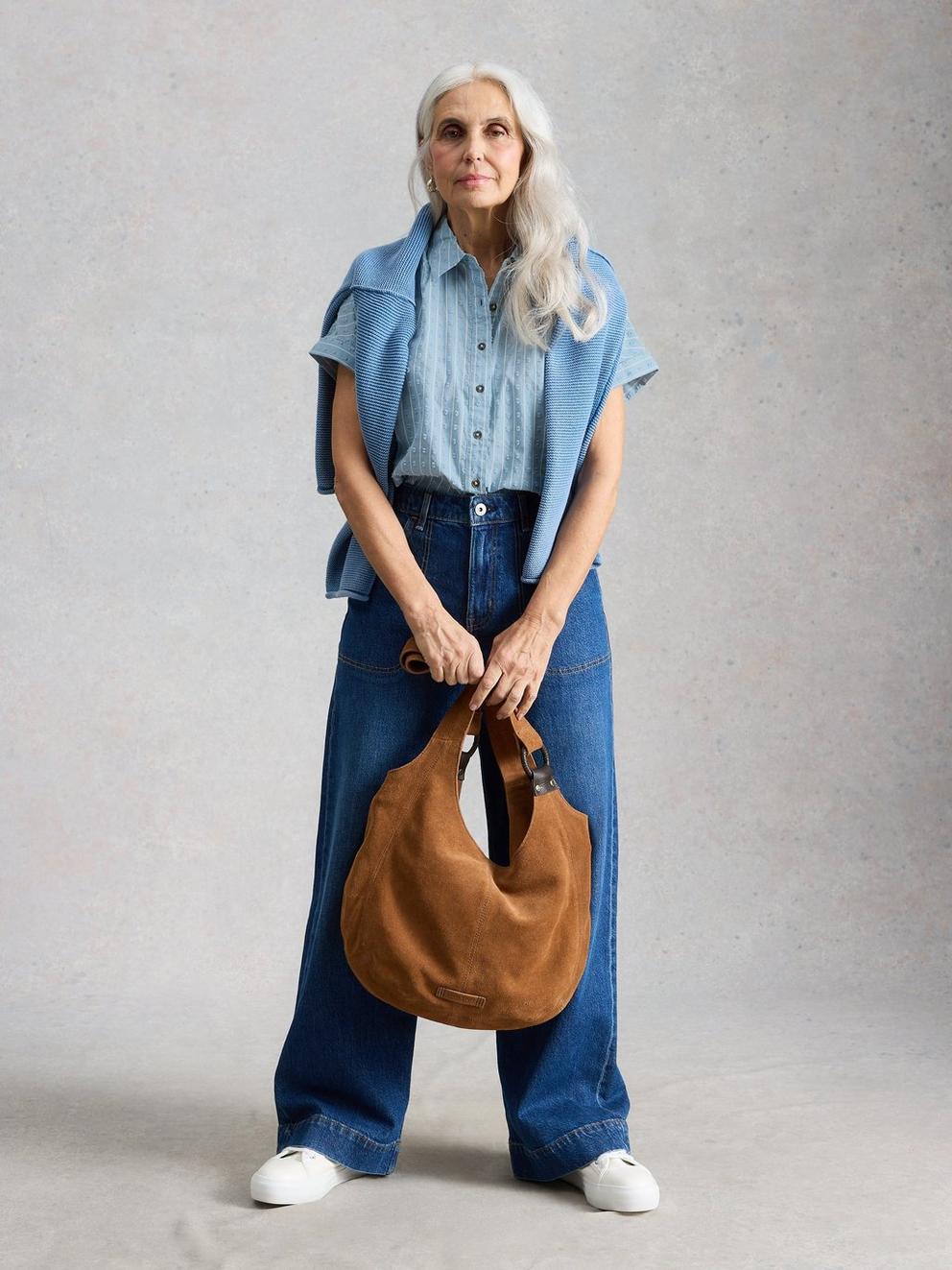 Orla Button Through Shirt in MID BLUE - MODEL FRONT