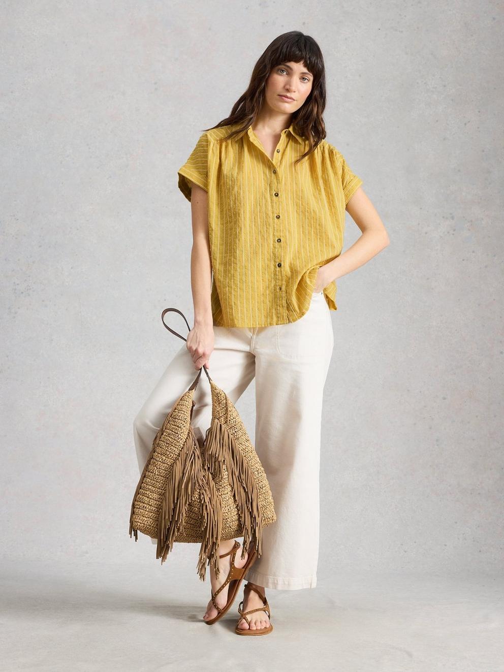 Orla Button Through Shirt in MID YELLOW - MODEL FRONT