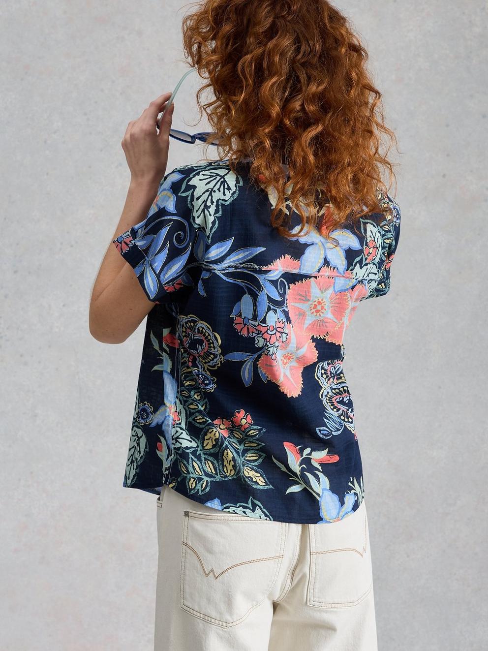 Orla Button Through Shirt in NAVY MULTI - MODEL BACK