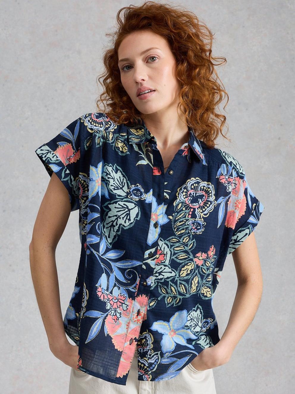 Orla Button Through Shirt in NAVY MULTI - MODEL DETAIL