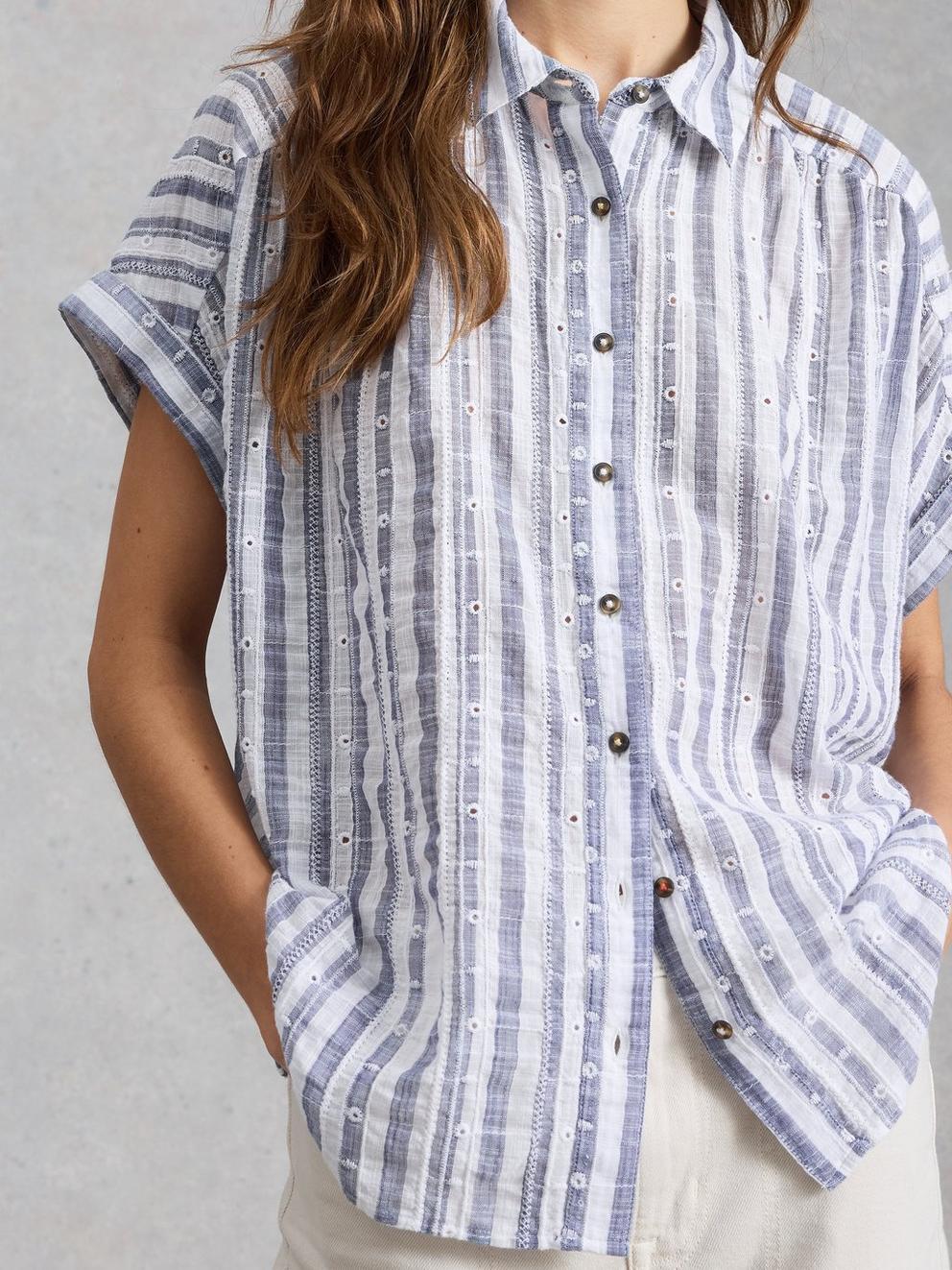 Orla Button Through Shirt in BLUE MLT - MODEL DETAIL