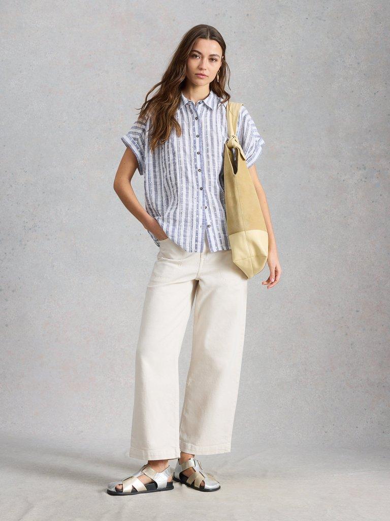 Orla Button Through Shirt in BLUE MLT - MODEL FRONT