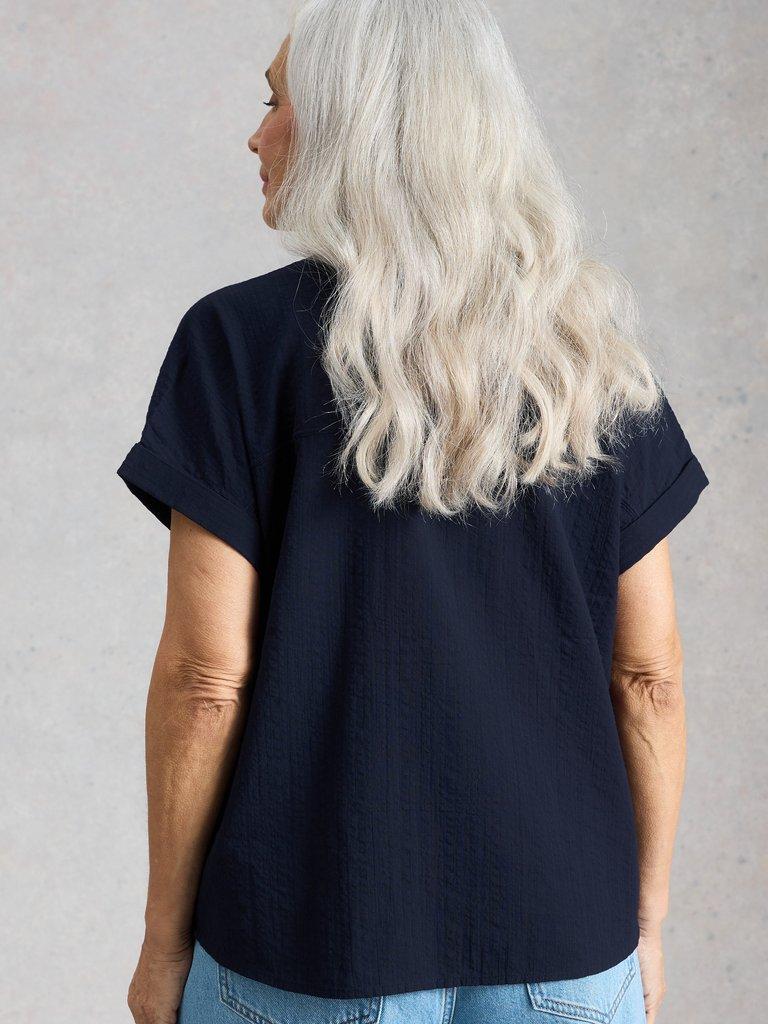 Orla Collared Pop Over Shirt in DARK NAVY - MODEL BACK