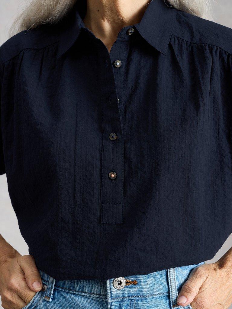 Orla Collared Pop Over Shirt in DARK NAVY - MODEL DETAIL