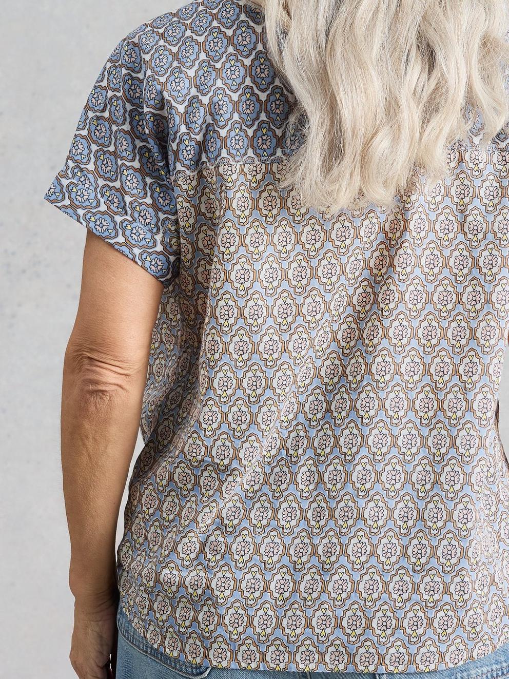 Orla Pop Over Collared Shirt in BLUE MLT - MODEL BACK