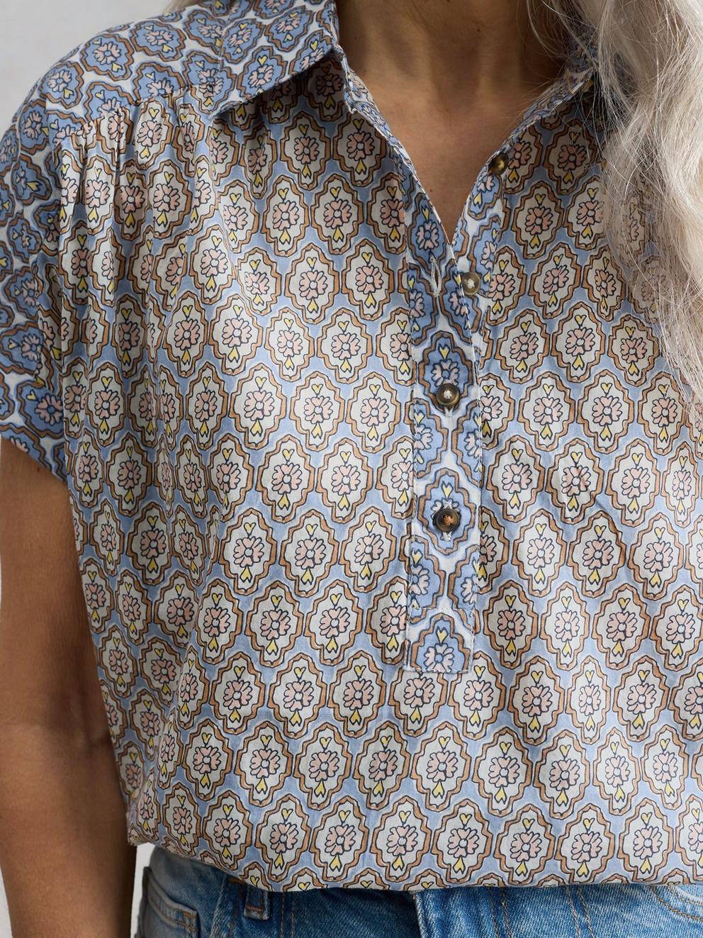Orla Pop Over Collared Shirt in BLUE MLT - MODEL DETAIL