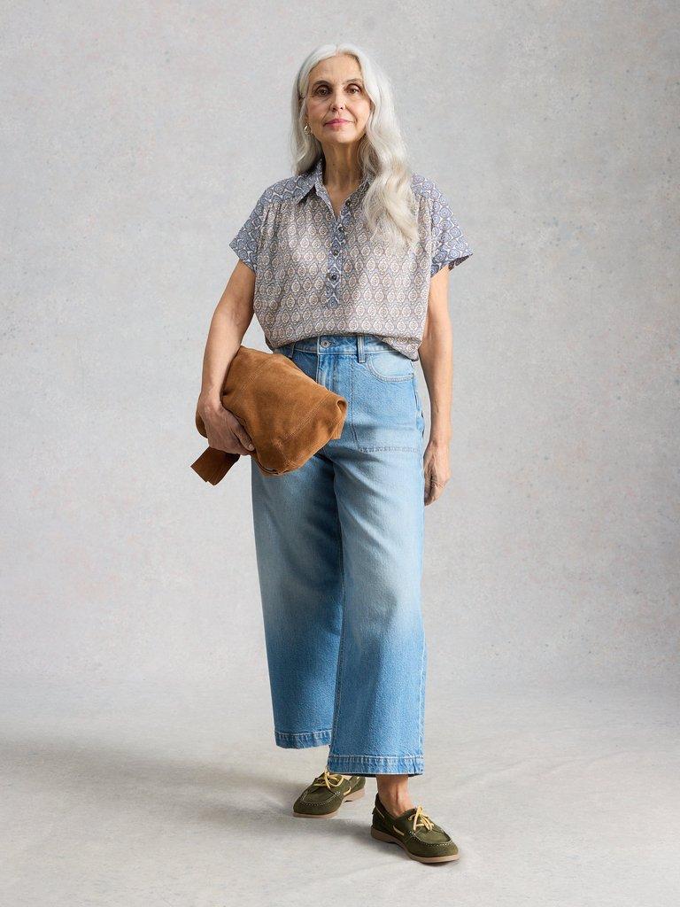 Orla Pop Over Collared Shirt in BLUE MLT - MODEL FRONT