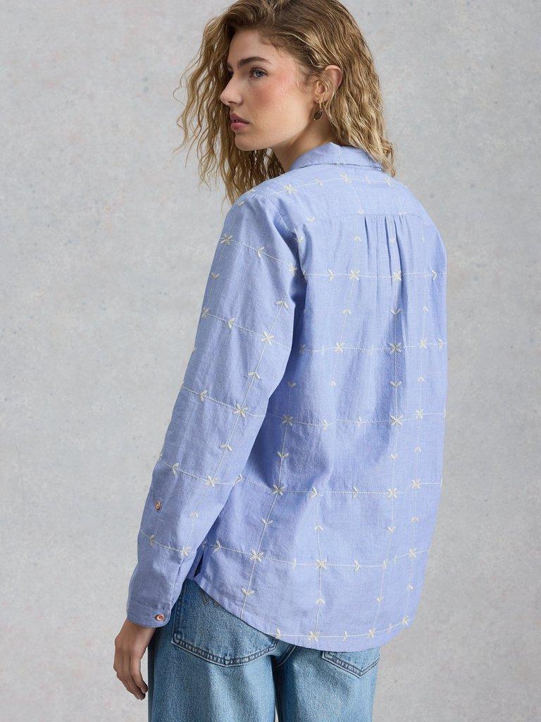 Sophie Collared Embroidered Shirt in BLUE MLT - MODEL BACK