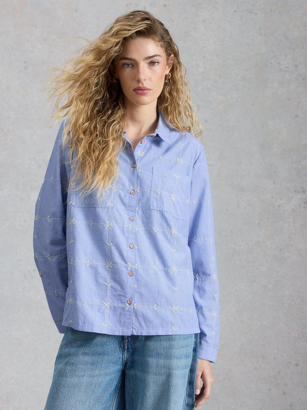 Sophie Collared Embroidered Shirt in BLUE MLT - MODEL DETAIL