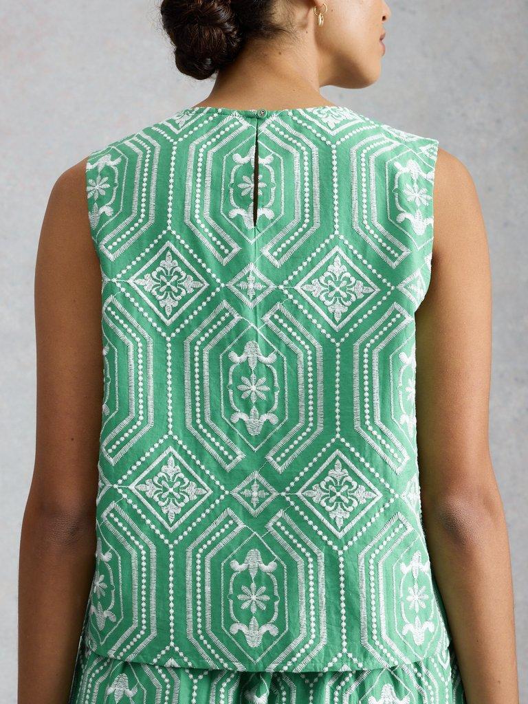 Hallie Embroidered Top in GREEN MLT - MODEL BACK