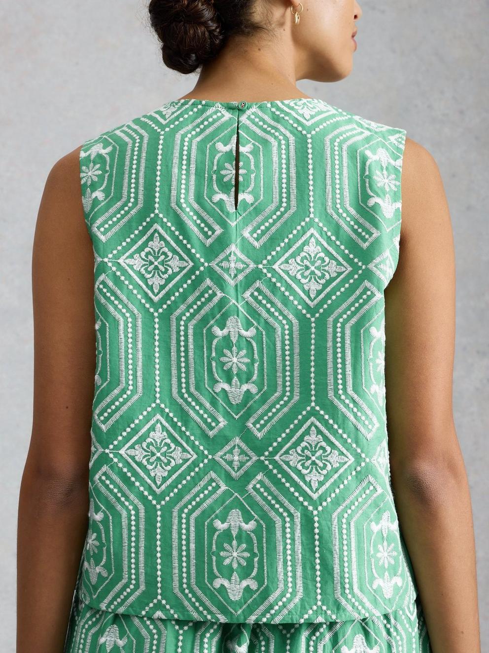 Hallie Embroidered Top in GREEN MLT - MODEL BACK