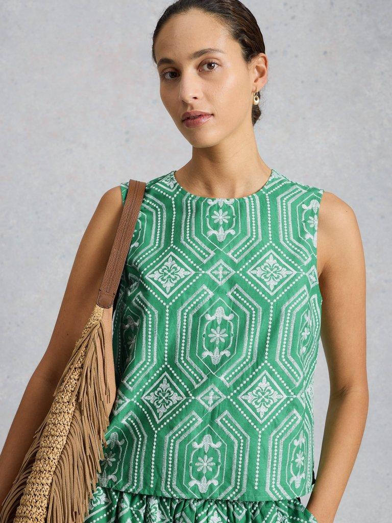 Hallie Embroidered Top in GREEN MLT - MODEL DETAIL