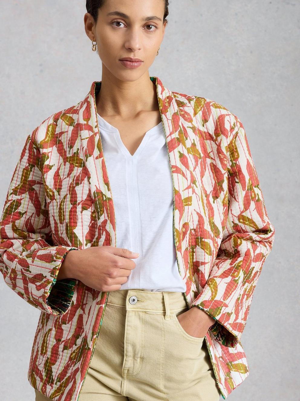 Printed Quilted Jacket in GREEN MLT - MODEL DETAIL