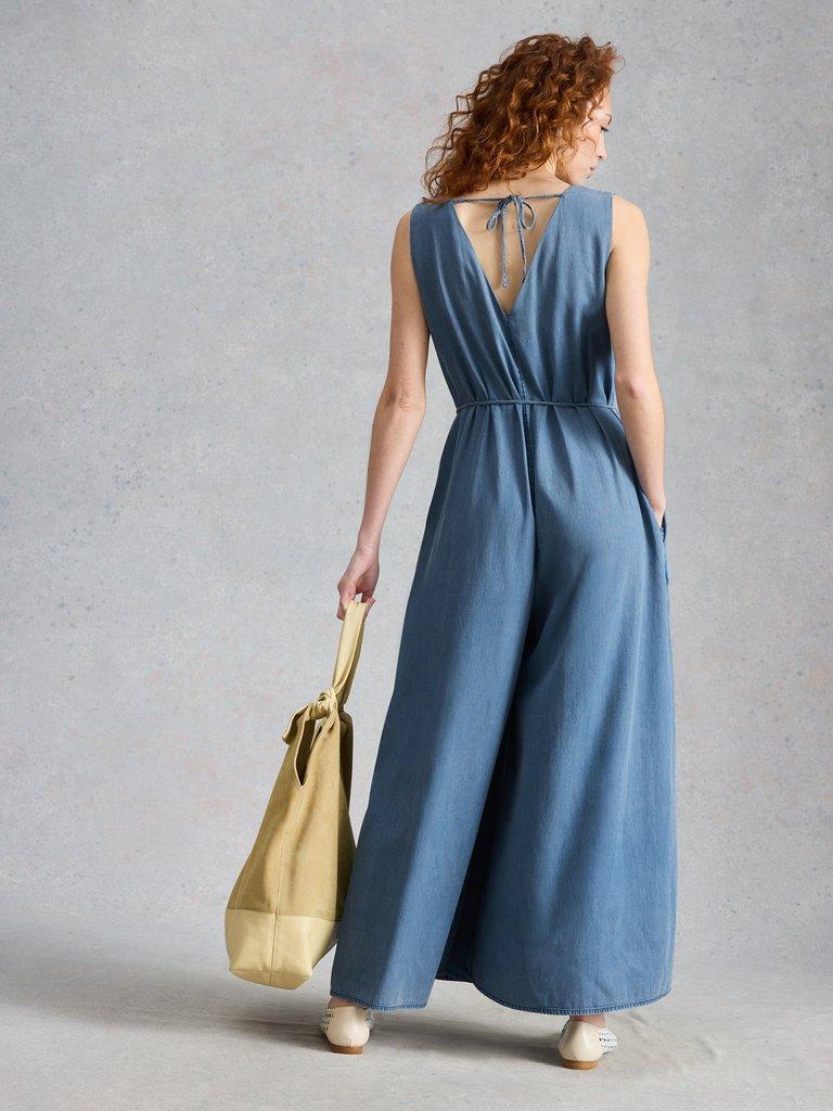 Poppy Palazzo Jumpsuit in CHAMB BLUE - MODEL BACK