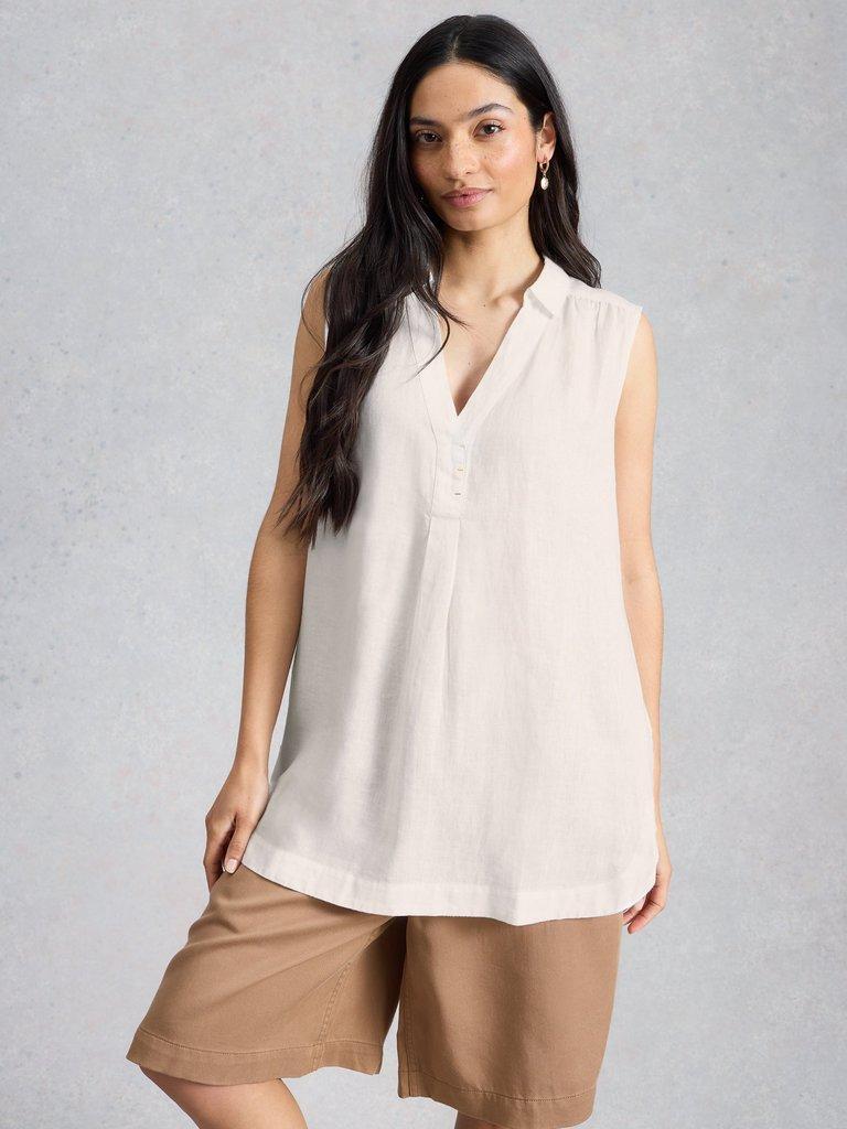 Bianca Sleeveless Linen Tunic in BRIL WHITE - MODEL DETAIL